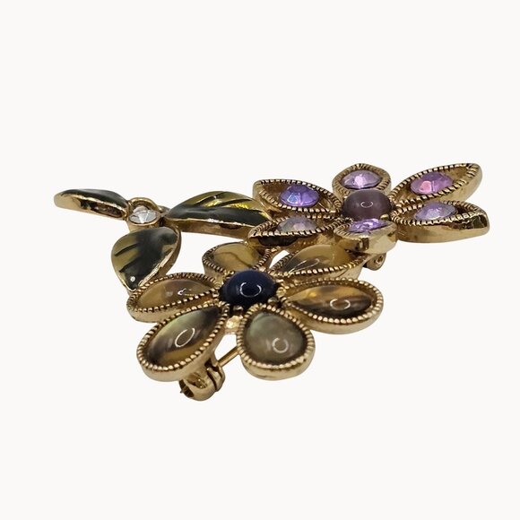 Gold Tone Purple Green Enamel Rhinestone Floral Whimsigoth Fairycore Boho Brooch - Picture 5 of 12